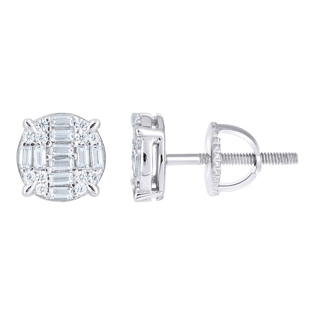 925 Sterling Silver Unisex Round Baguette Cubic-Zirconia Round Fashion Stud Earrings