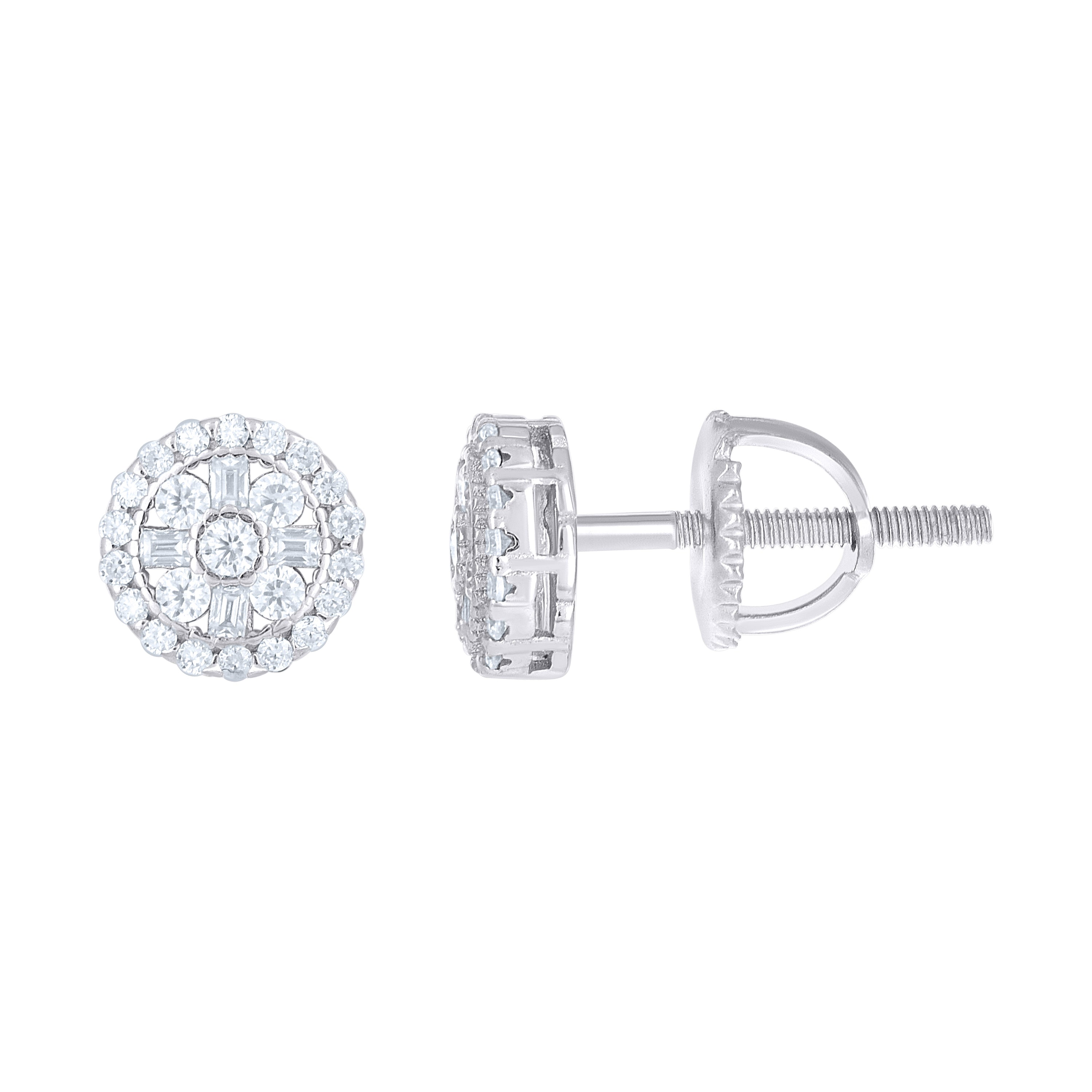 925 Sterling Silver Unisex Round Baguette Cubic-Zirconia Round Fashion Stud Earrings