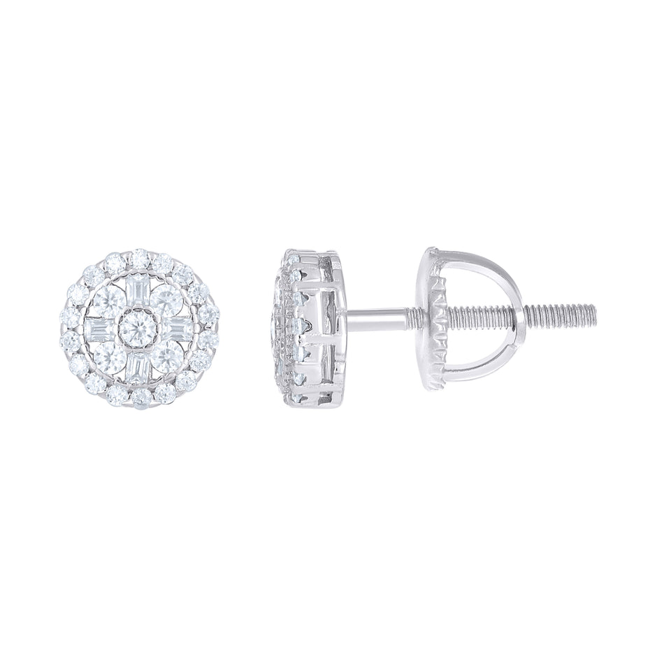 925 Sterling Silver Unisex Round Baguette Cubic-Zirconia Round Fashion Stud Earrings