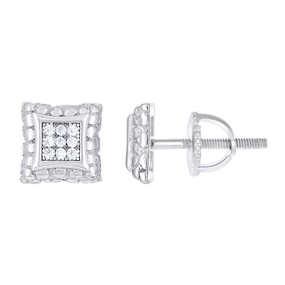 925 Sterling Silver Unisex Cubic-Zirconia Nugget Square Fashion Stud Earrings