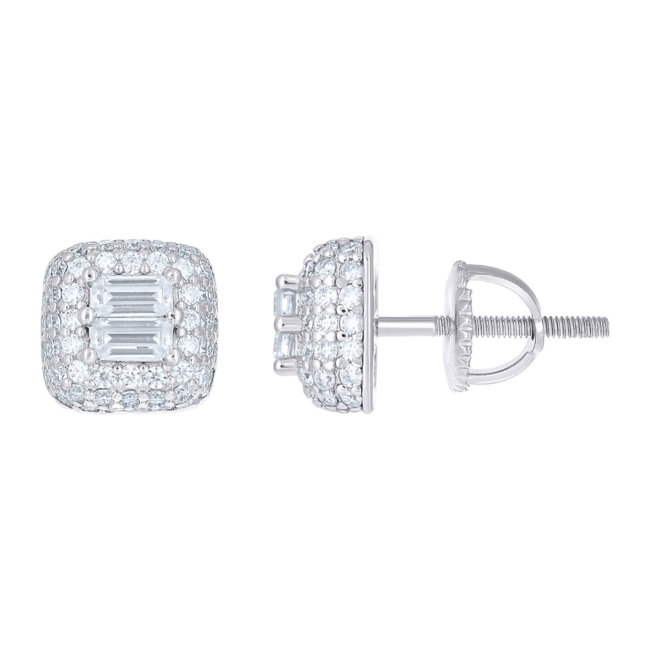 925 Sterling Silver Womens Round Baguette Cubic-Zirconia Square Fashion Stud Earrings