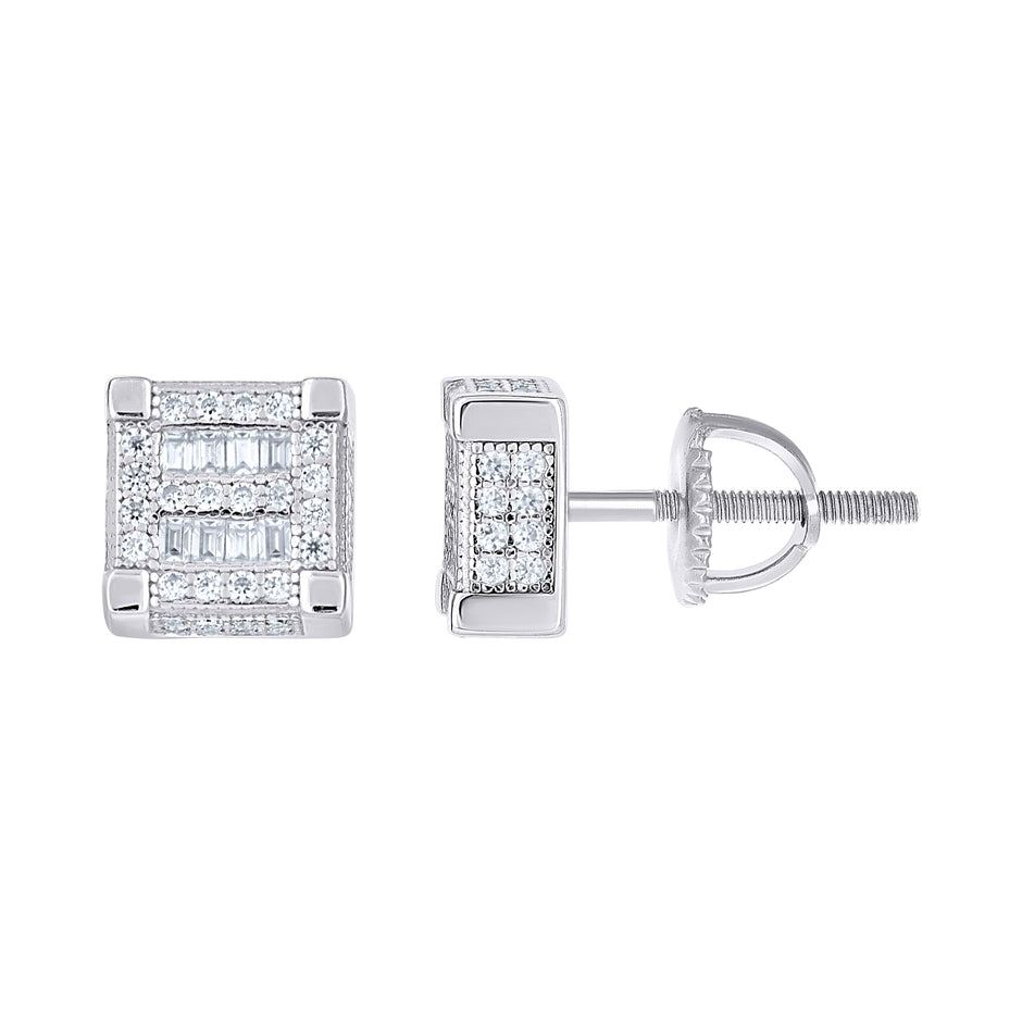 925 Sterling Silver Unisex Round Baguette Cubic-Zirconia Square Fashion Stud Earrings