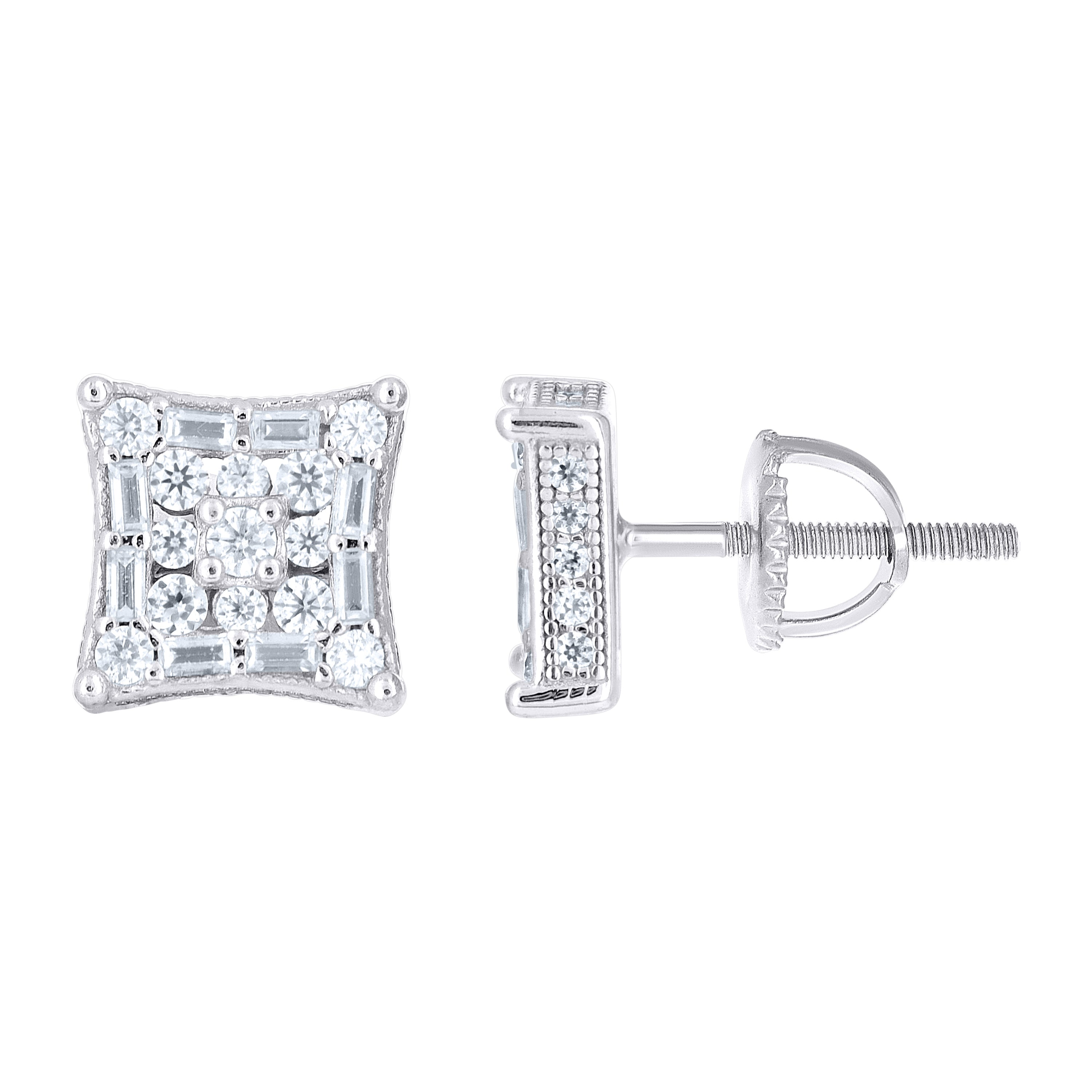 925 Sterling Silver Unisex Round Baguette Cubic-Zirconia Square Fashion Stud Earrings