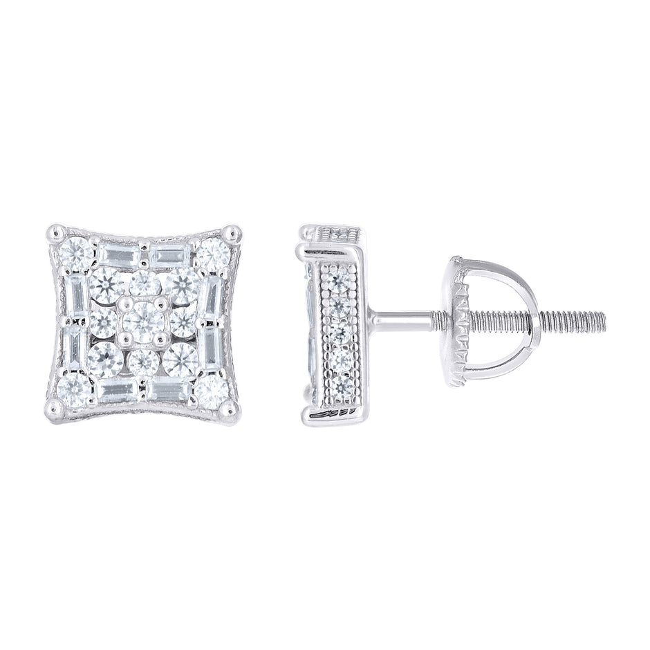 925 Sterling Silver Unisex Round Baguette Cubic-Zirconia Square Fashion Stud Earrings