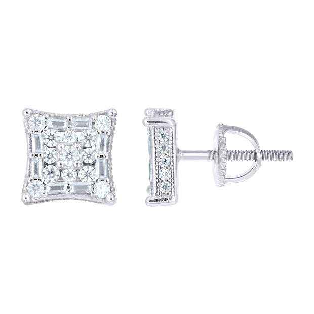 925 Sterling Silver Unisex Round Baguette Cubic-Zirconia Square Fashion Stud Earrings