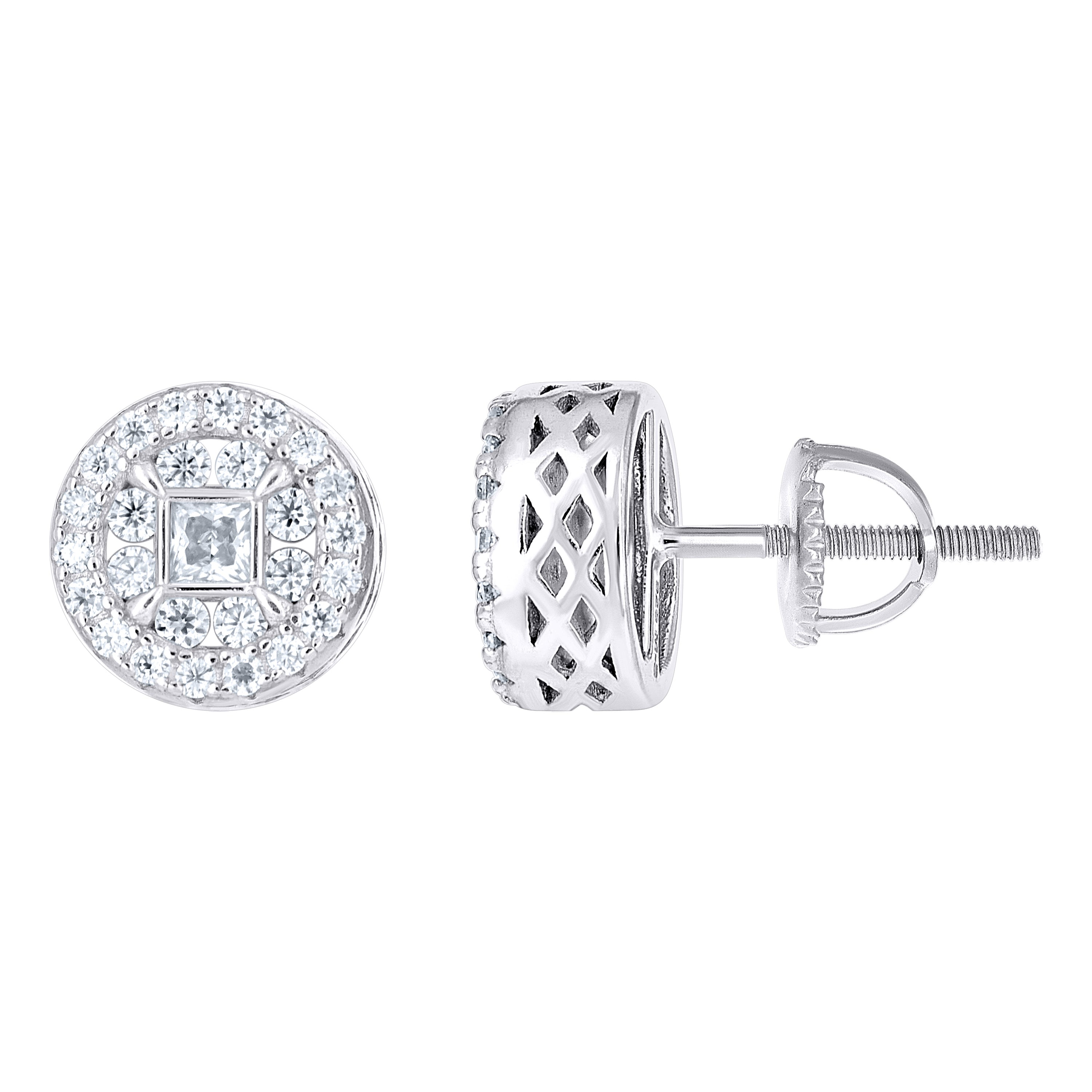 925 Sterling Silver Unisex Round Princess-cut Cubic-Zirconia Round Fashion Stud Earrings