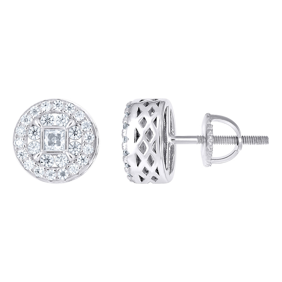 925 Sterling Silver Unisex Round Princess-cut Cubic-Zirconia Round Fashion Stud Earrings