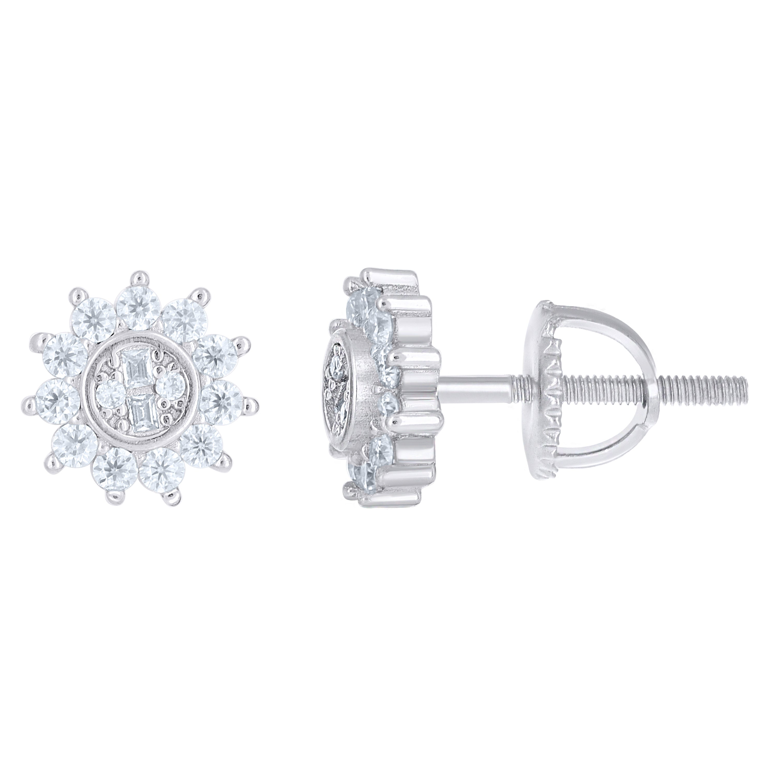 925 Sterling Silver Womens Round Baguette Cubic-Zirconia Sunburst Fashion Stud Earrings