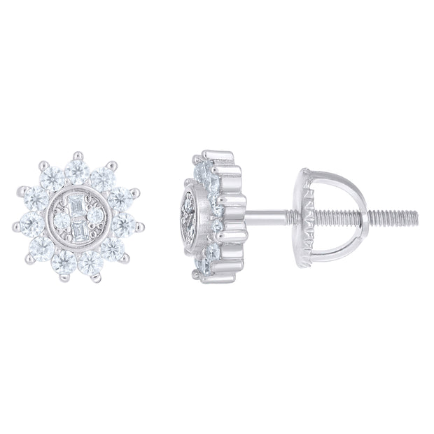 925 Sterling Silver Womens Round Baguette Cubic-Zirconia Sunburst Fashion Stud Earrings