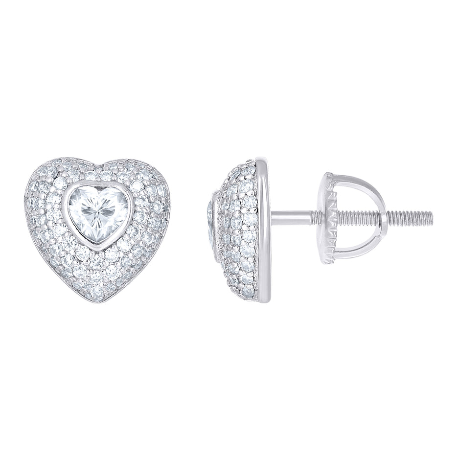 925 Sterling Silver Womens Round Heart Cubic-Zirconia Heart Stud Earrings