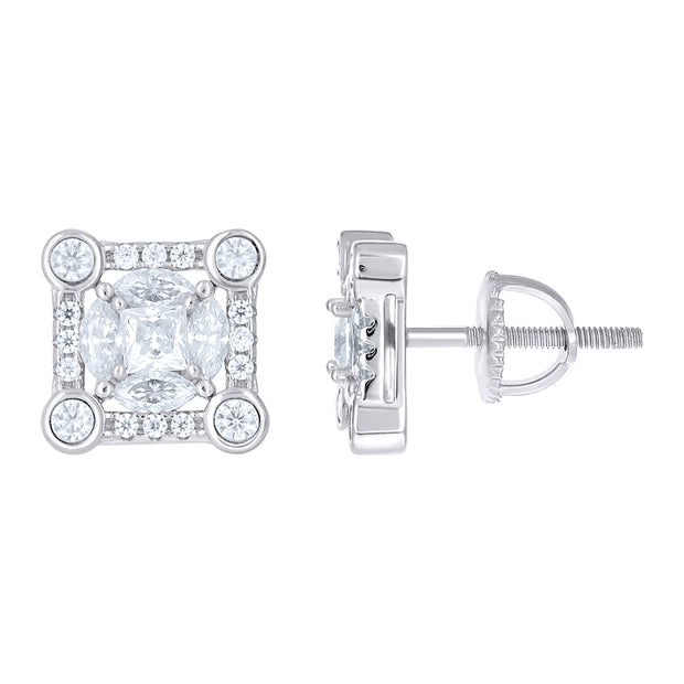 925 Sterling Silver Womens Round Marquise/Princess-cut Cubic-Zirconia Square Fashion Stud Earrings