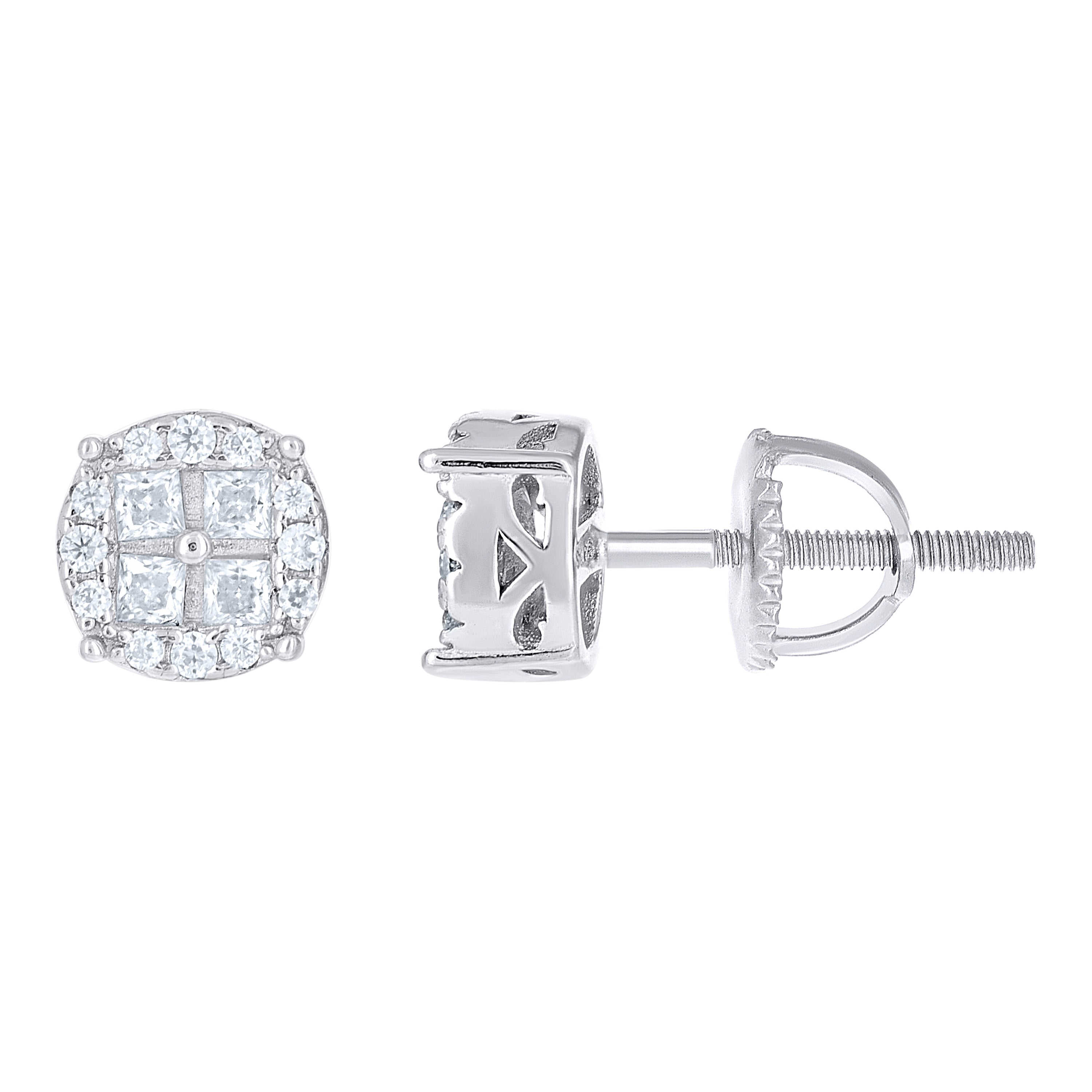 925 Sterling Silver Unisex Round Princess-cut Cubic-Zirconia Round Fashion Stud Earrings