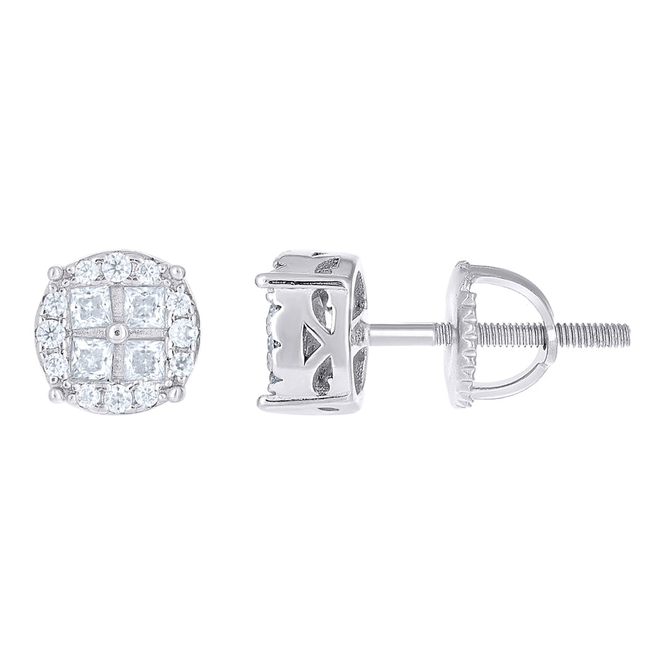 925 Sterling Silver Unisex Round Princess-cut Cubic-Zirconia Round Fashion Stud Earrings