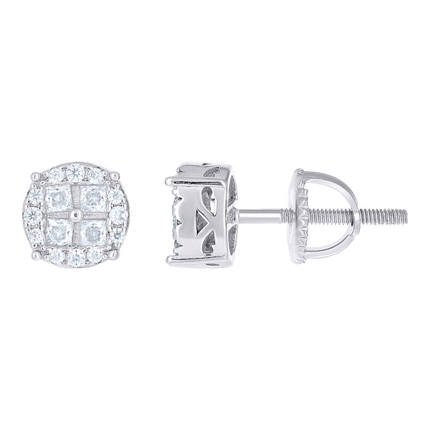 925 Sterling Silver Unisex Round Princess-cut Cubic-Zirconia Round Fashion Stud Earrings