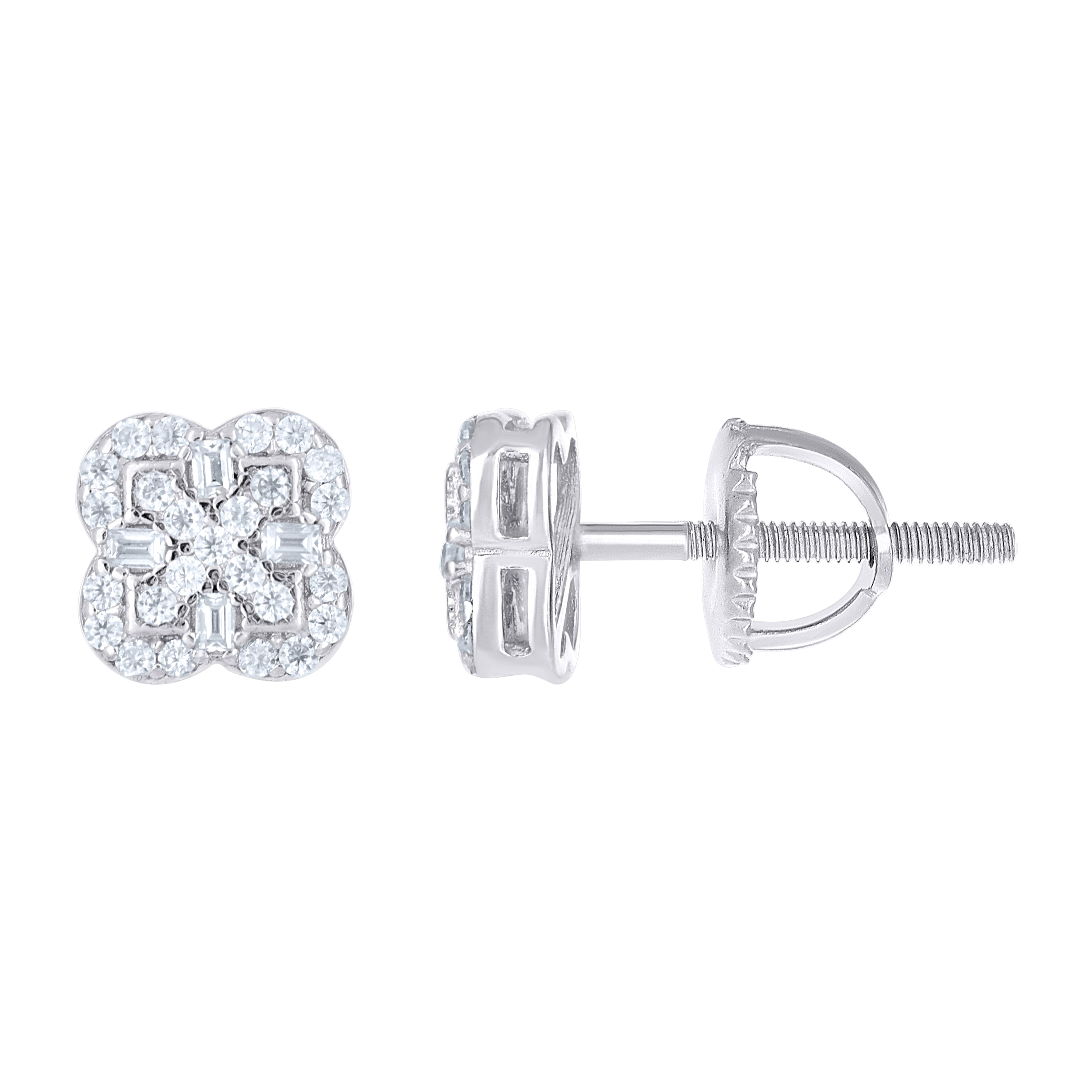 925 Sterling Silver Womens Round Baguette 0.26ct, 0.15ct Moissanite Clover Good Luck Stud Earrings