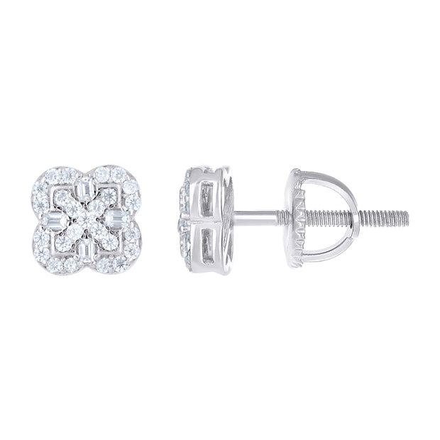 925 Sterling Silver Womens Round Baguette 0.26ct, 0.15ct Moissanite Clover Good Luck Stud Earrings