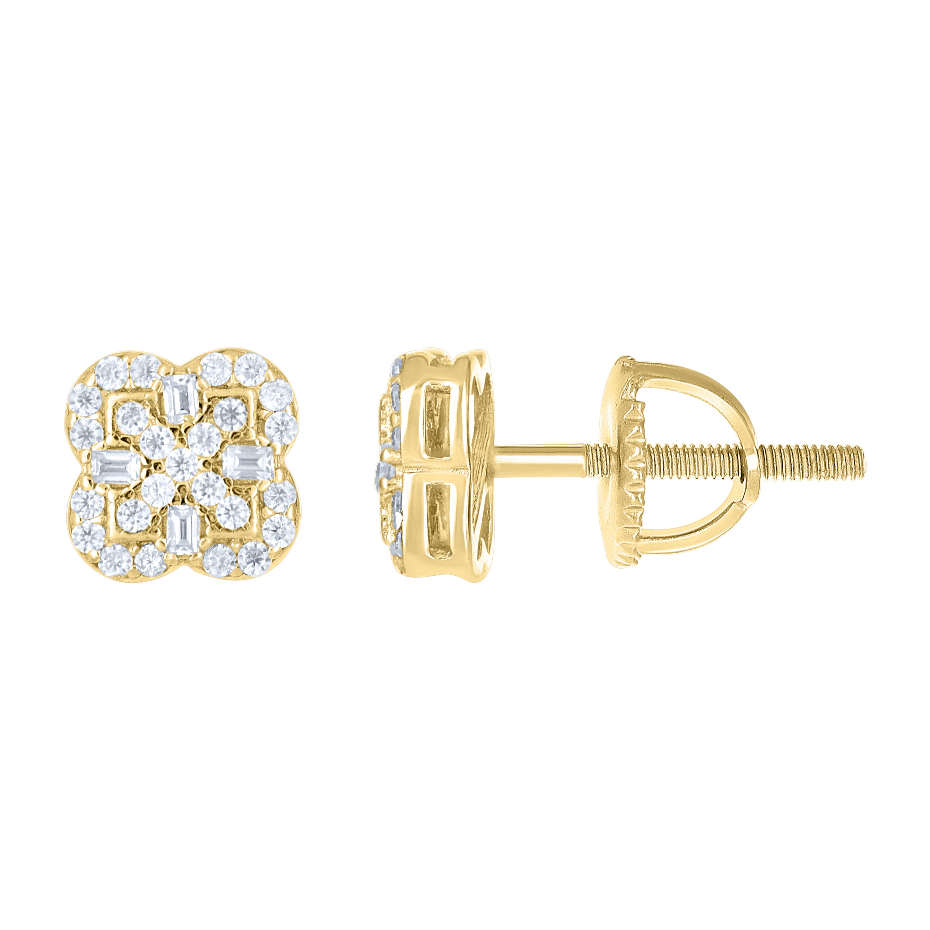 925 Sterling Silver Yellow-tone Womens Round Baguette Cubic-Zirconia Clover Good Luck Stud Earrings