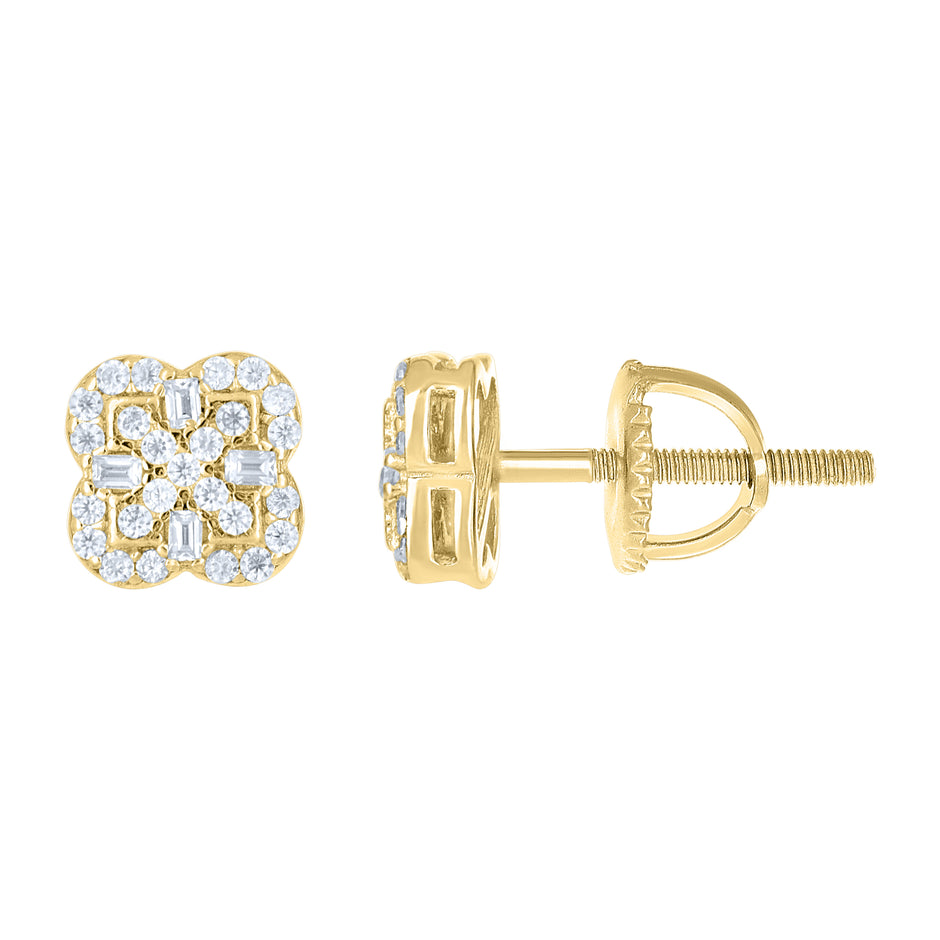925 Sterling Silver Yellow-tone Womens Round Baguette Cubic-Zirconia Clover Good Luck Stud Earrings