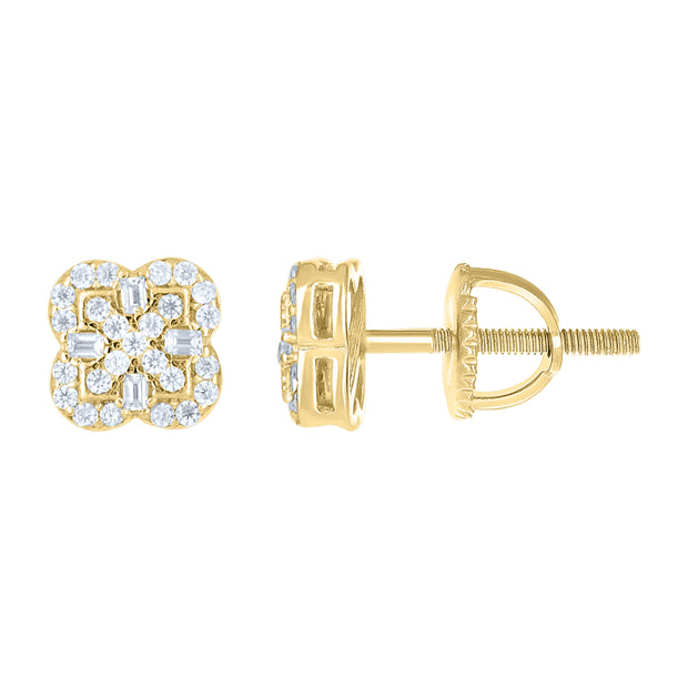 925 Sterling Silver Yellow-tone Womens Round Baguette Cubic-Zirconia Clover Good Luck Stud Earrings