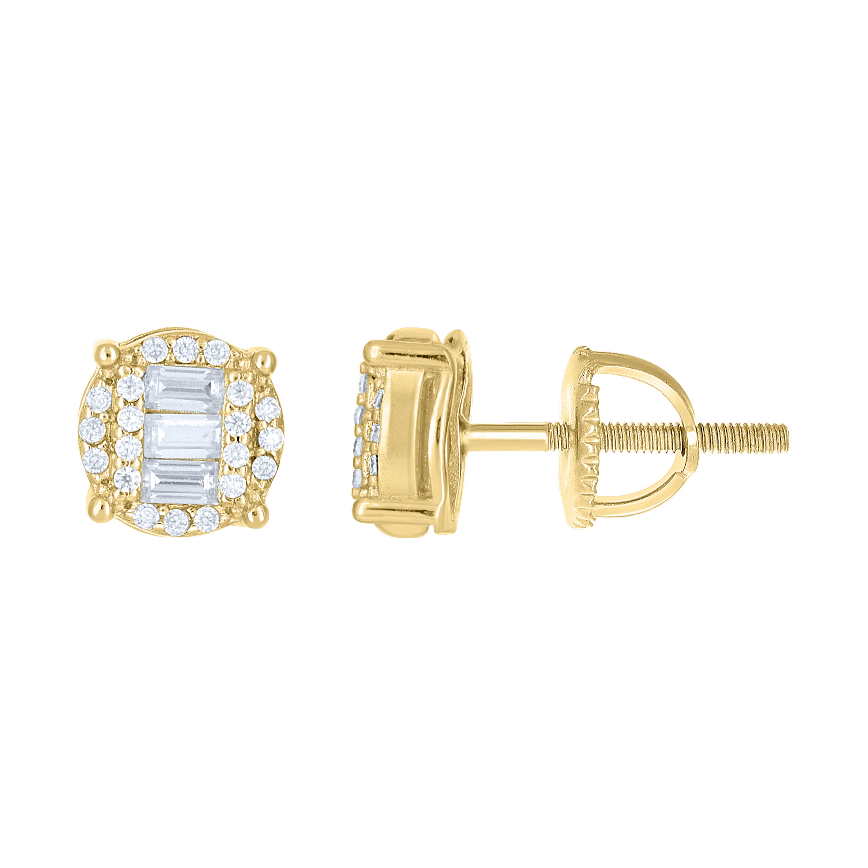925 Sterling Silver Yellow-tone Unisex Round Baguette Cubic-Zirconia Round Fashion Stud Earrings