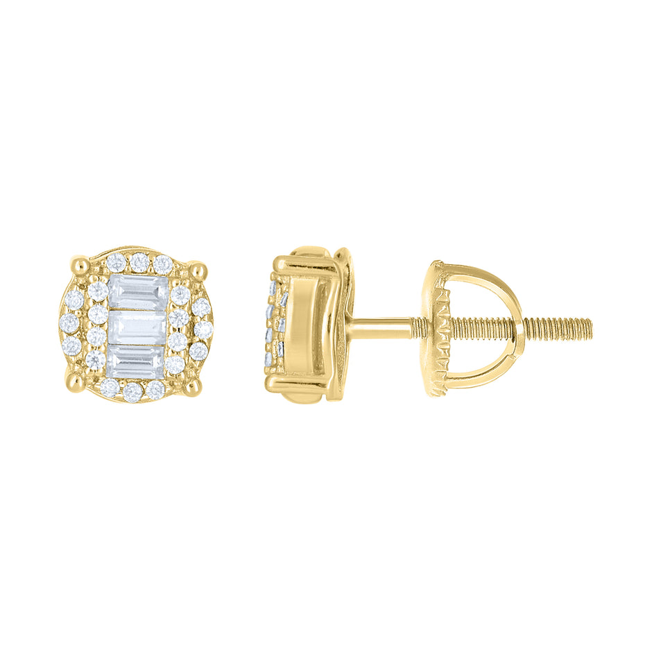 925 Sterling Silver Yellow-tone Unisex Round Baguette Cubic-Zirconia Round Fashion Stud Earrings