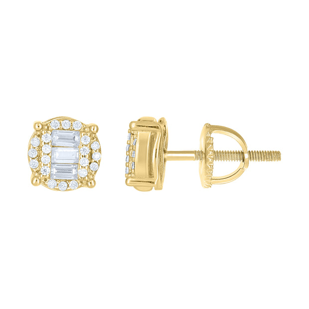 925 Sterling Silver Yellow-tone Unisex Round Baguette Cubic-Zirconia Round Fashion Stud Earrings