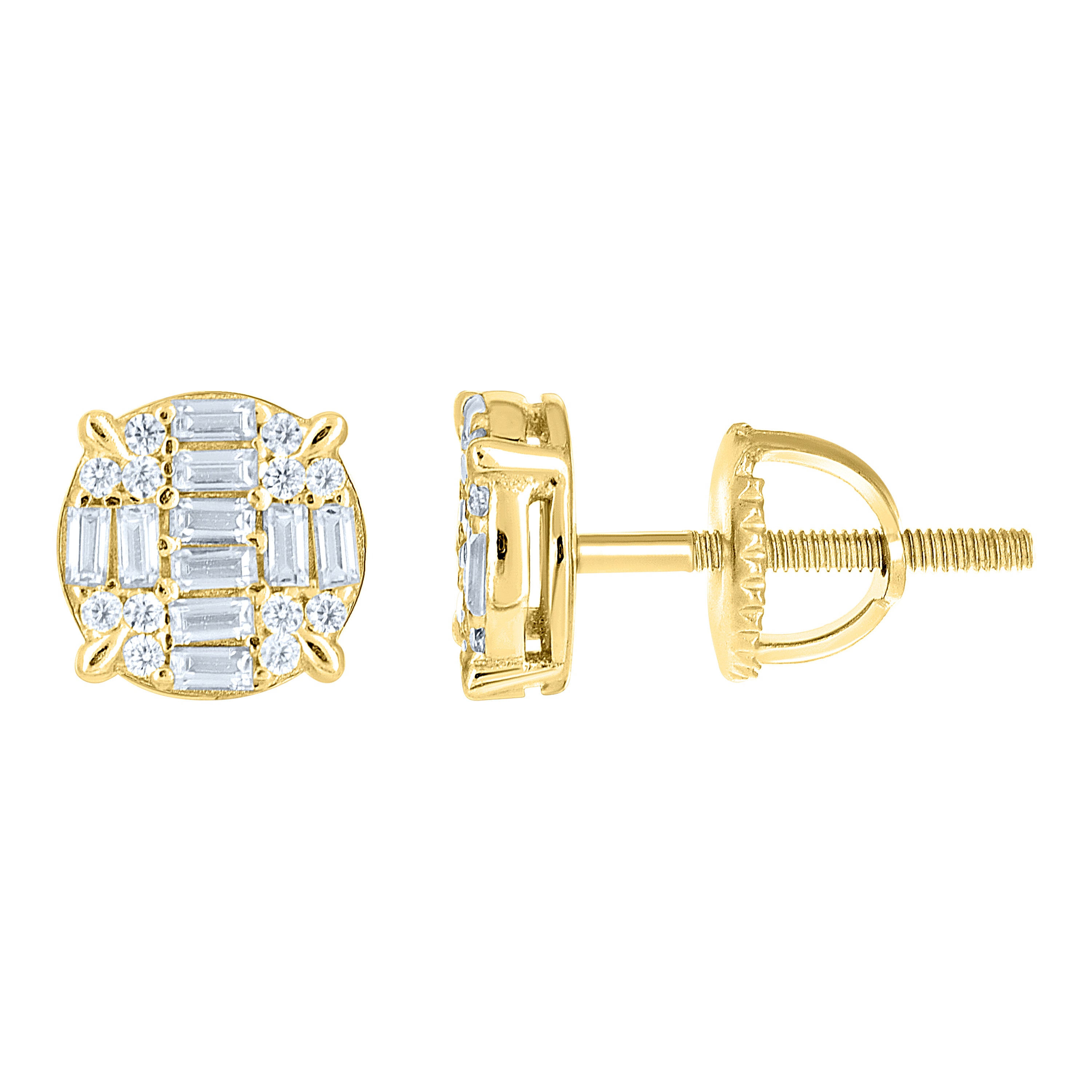 925 Sterling Silver Yellow-tone Unisex Round Baguette Cubic-Zirconia Round Fashion Stud Earrings