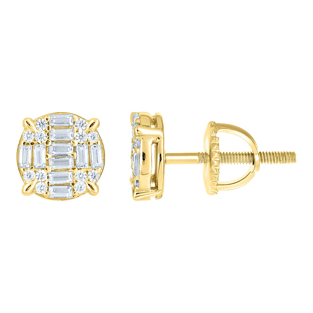 925 Sterling Silver Yellow-tone Unisex Round Baguette Cubic-Zirconia Round Fashion Stud Earrings