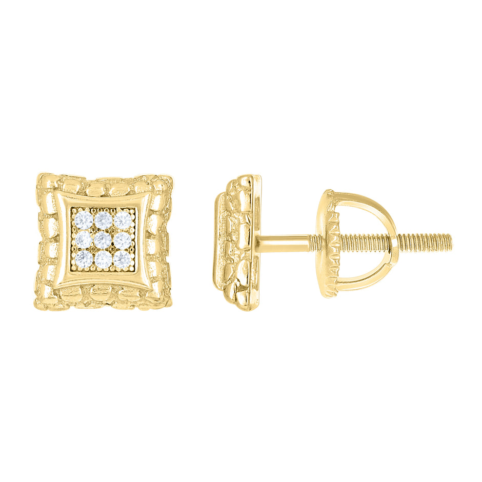 925 Sterling Silver Yellow-tone Unisex Cubic-Zirconia Nugget Square Fashion Stud Earrings