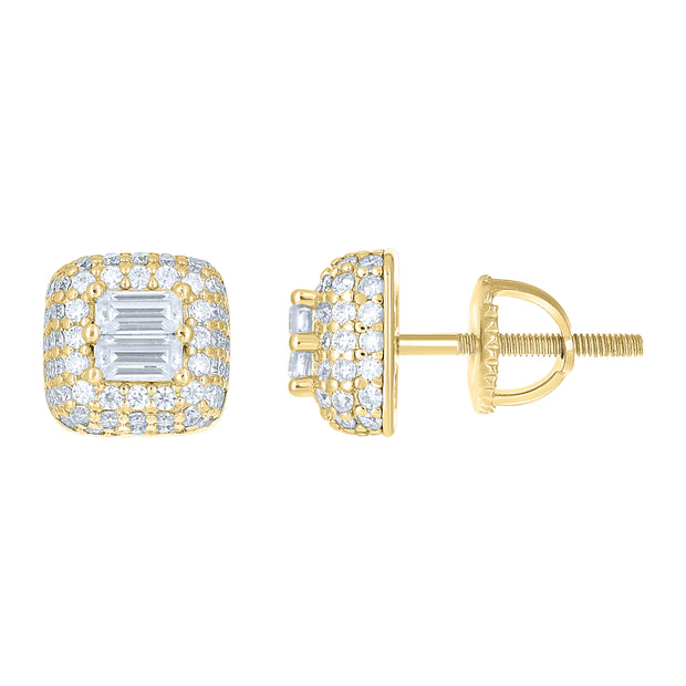 925 Sterling Silver Yellow-tone Womens Round Baguette Cubic-Zirconia Square Fashion Stud Earrings