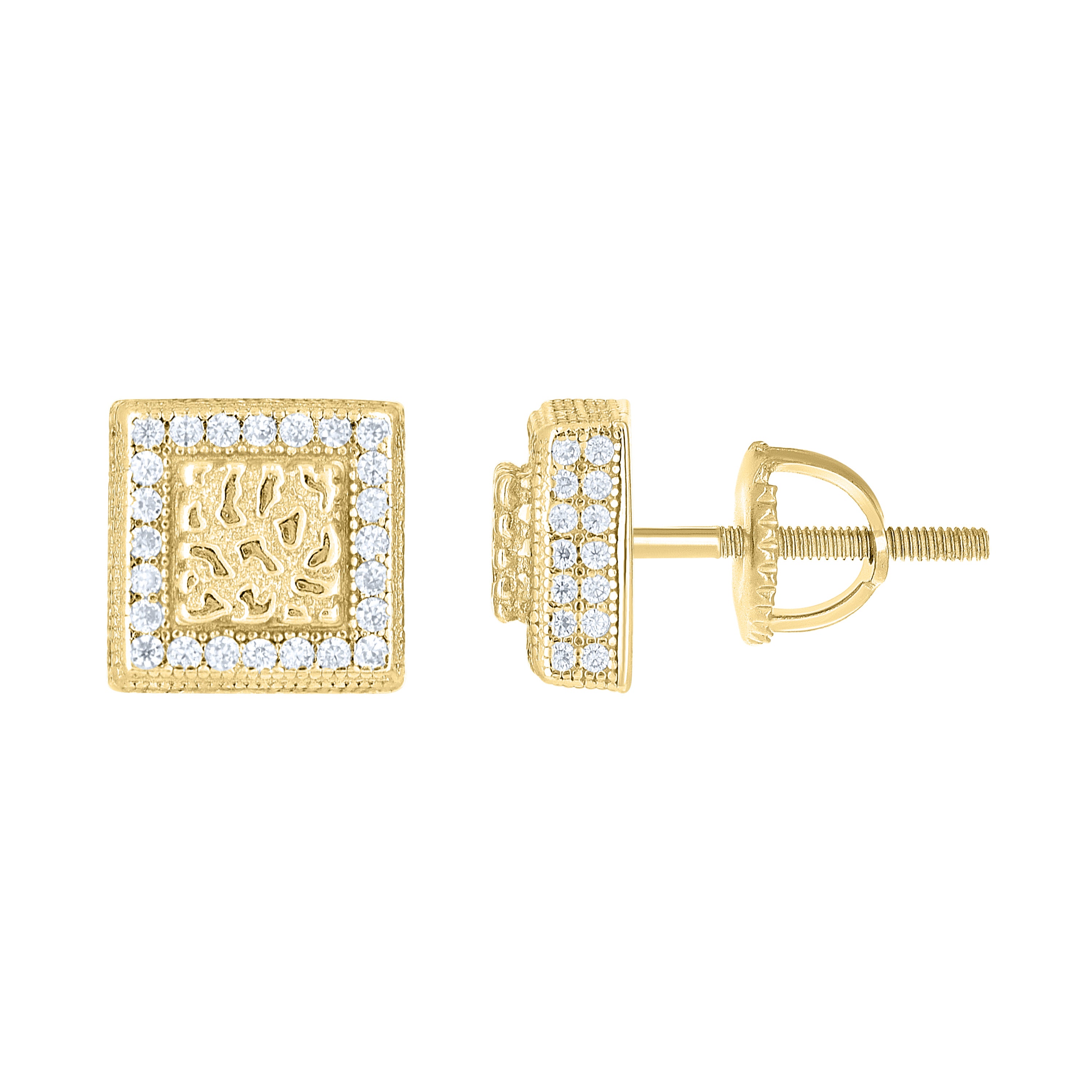 925 Sterling Silver Yellow-tone Unisex Cubic-Zirconia Square Fashion Stud Earrings