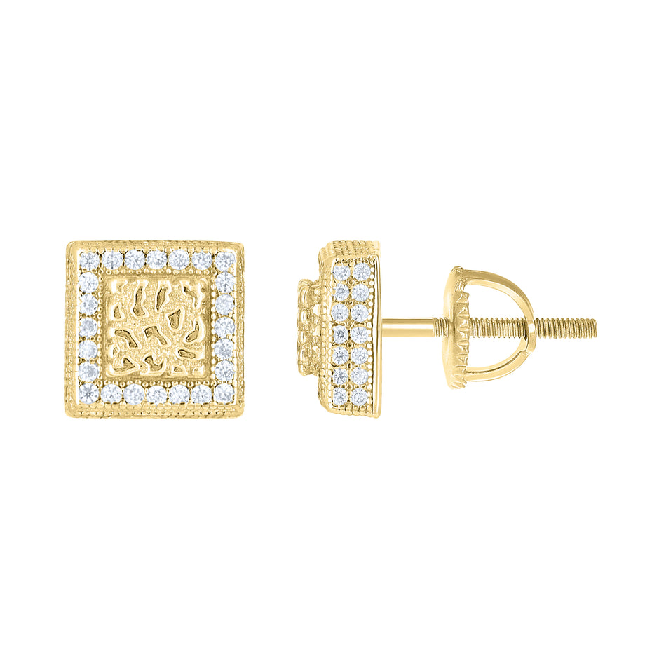 925 Sterling Silver Yellow-tone Unisex Cubic-Zirconia Square Fashion Stud Earrings