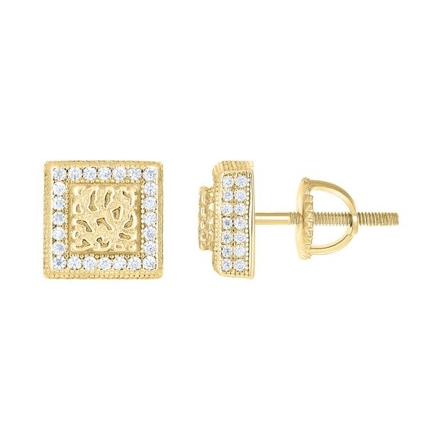 925 Sterling Silver Yellow-tone Unisex Cubic-Zirconia Square Fashion Stud Earrings