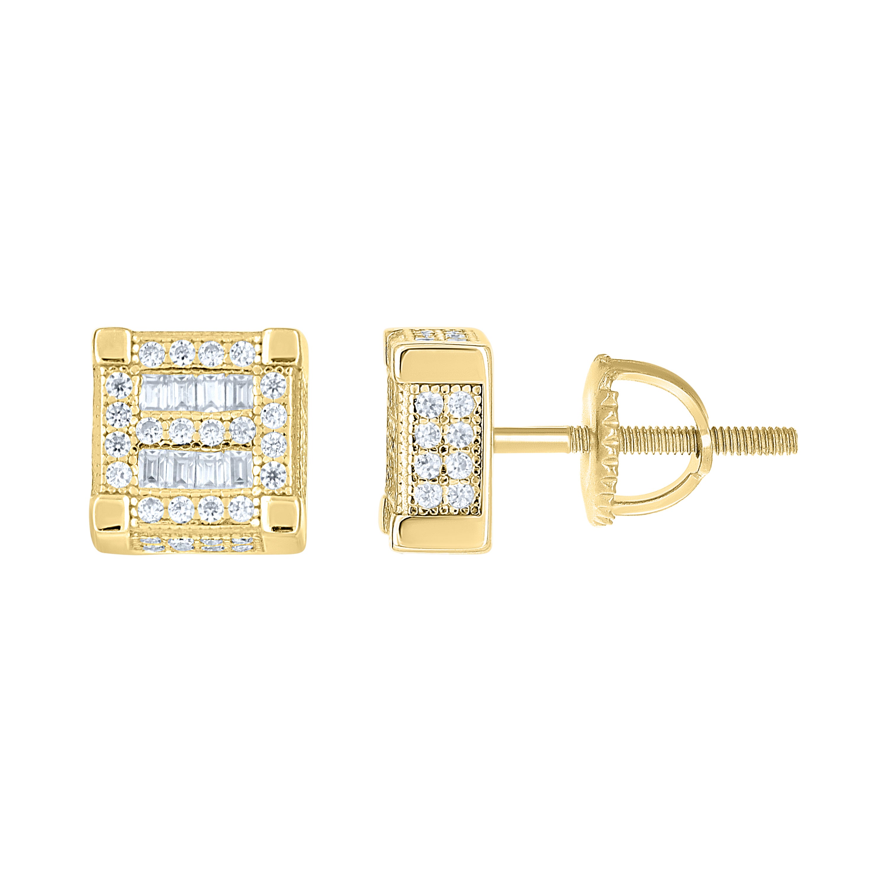 925 Sterling Silver Yellow-tone Unisex Round Baguette Cubic-Zirconia Square Fashion Stud Earrings