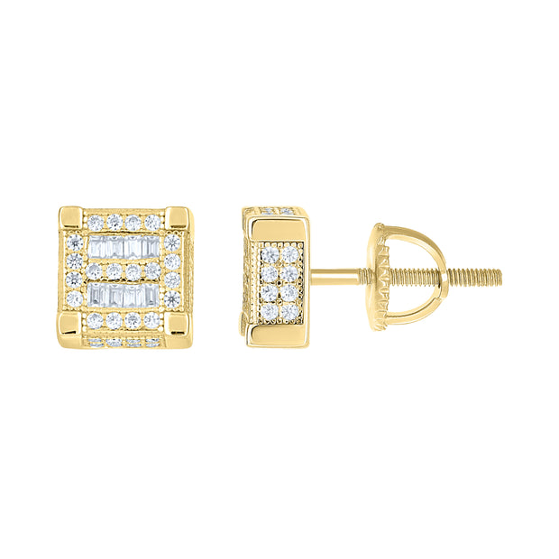 925 Sterling Silver Yellow-tone Unisex Round Baguette Cubic-Zirconia Square Fashion Stud Earrings