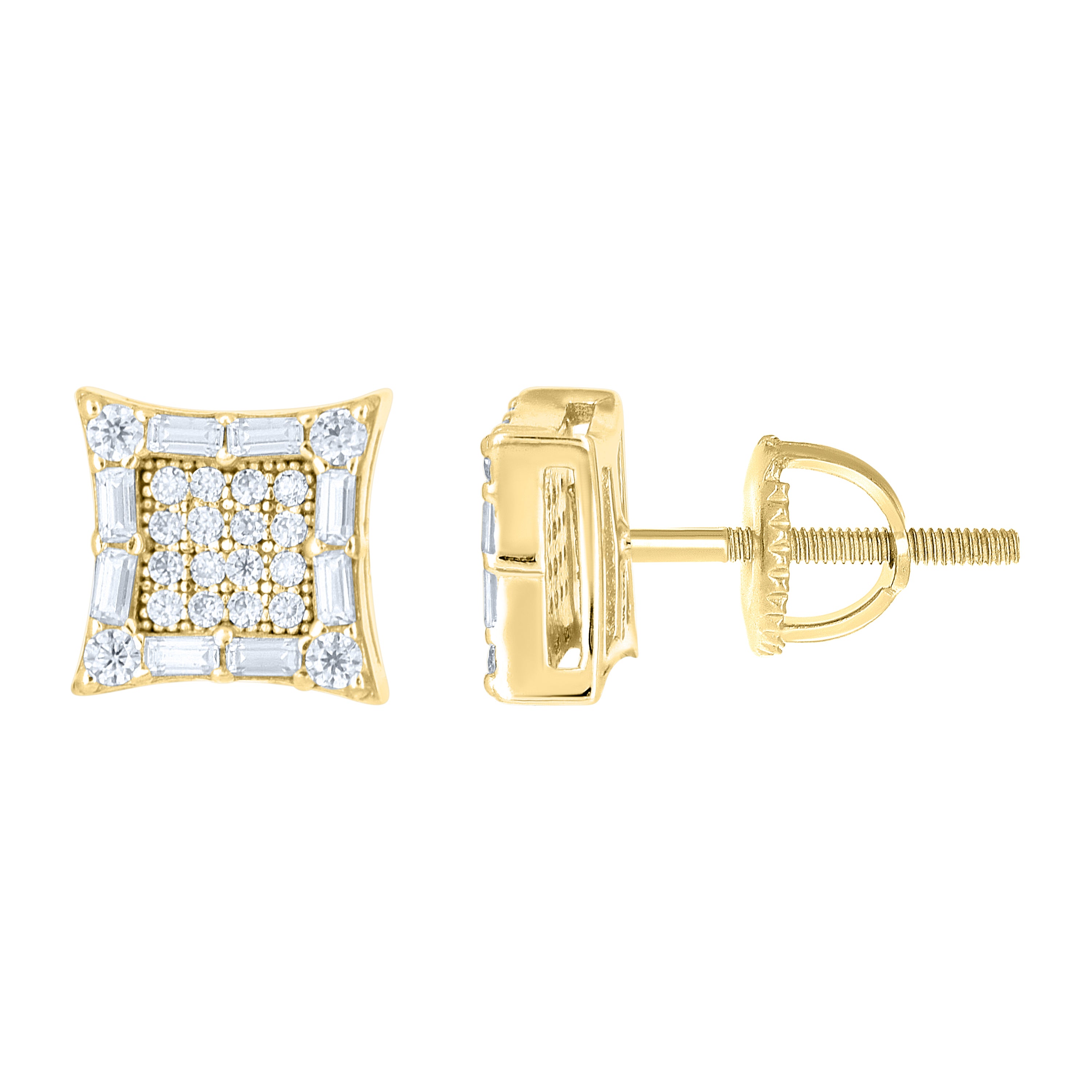 925 Sterling Silver Yellow-tone Unisex Round Baguette Cubic-Zirconia Square Fashion Stud Earrings