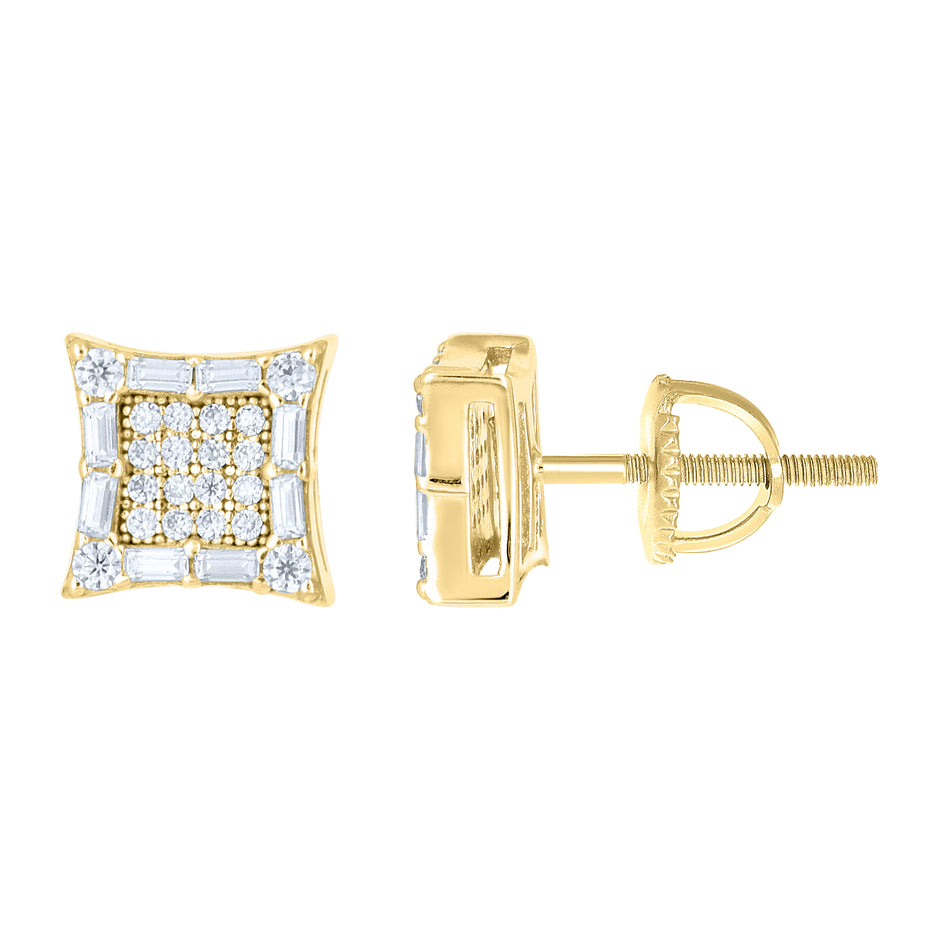 925 Sterling Silver Yellow-tone Unisex Round Baguette Cubic-Zirconia Square Fashion Stud Earrings