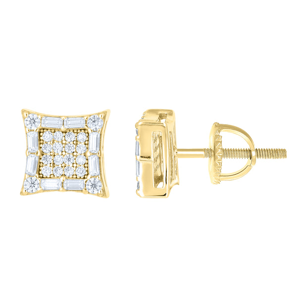 925 Sterling Silver Yellow-tone Unisex Round Baguette Cubic-Zirconia Square Fashion Stud Earrings