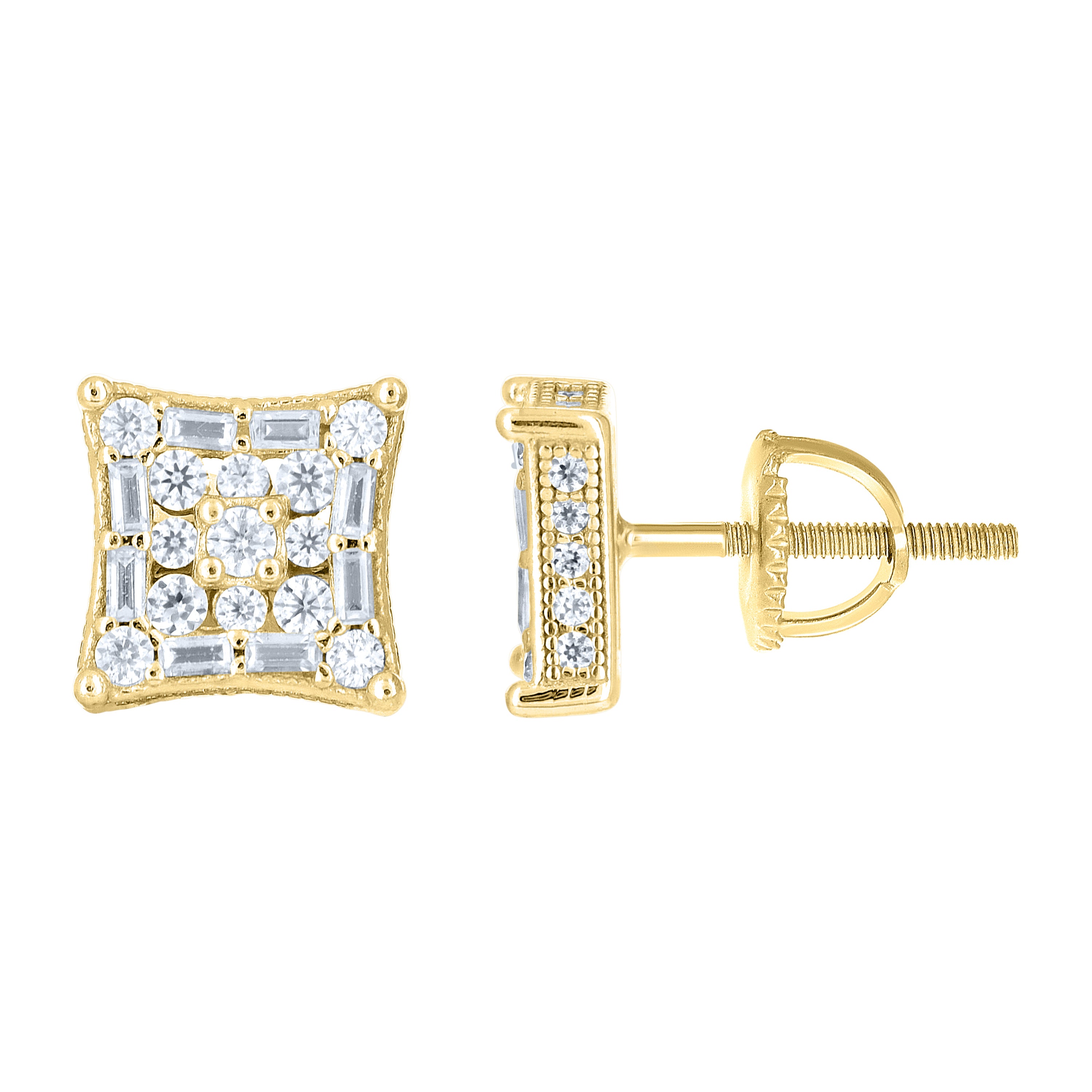 925 Sterling Silver Yellow-tone Unisex Round Baguette Cubic-Zirconia Square Fashion Stud Earrings