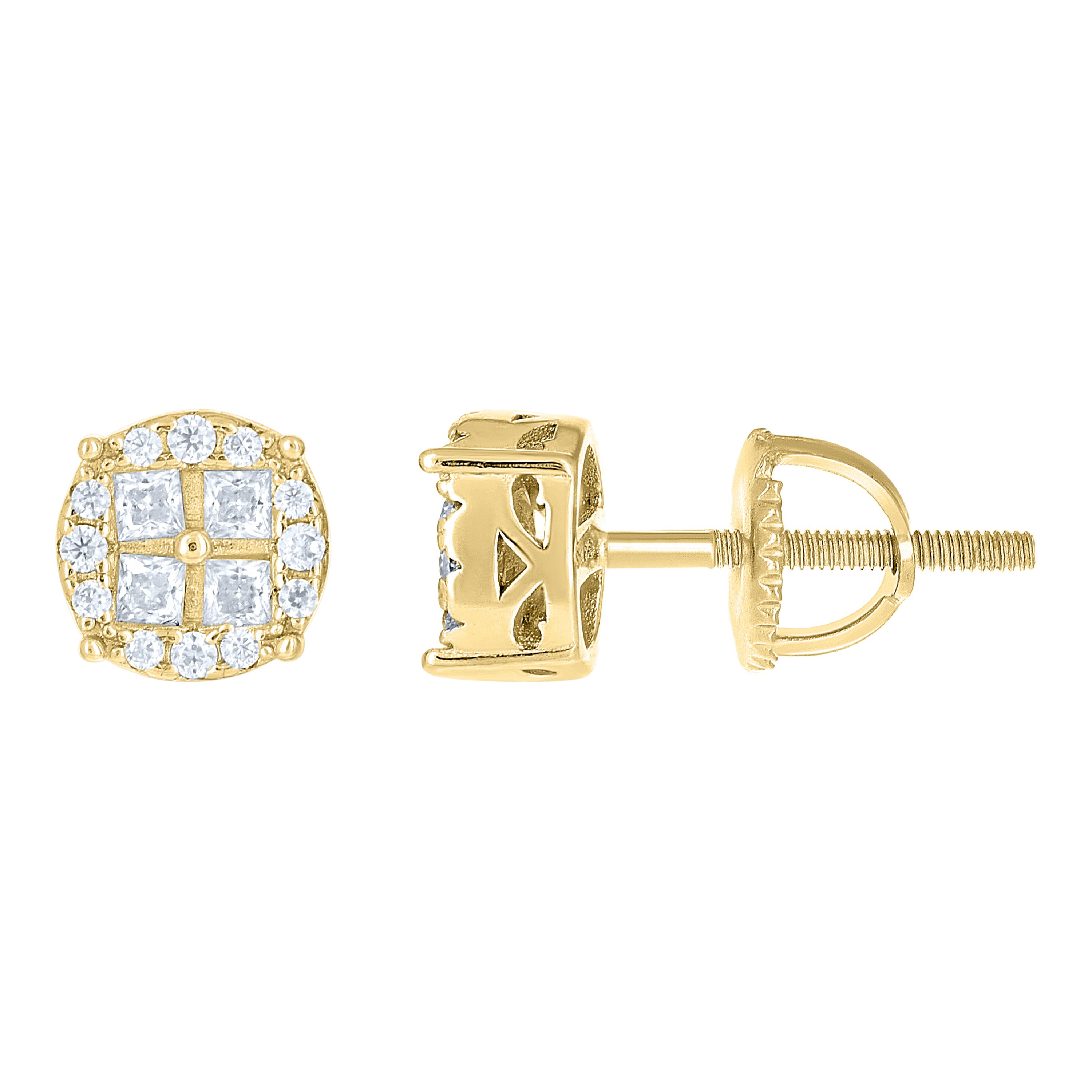 925 Sterling Silver Yellow-tone Unisex Round Princess-cut Cubic-Zirconia Round Fashion Stud Earrings