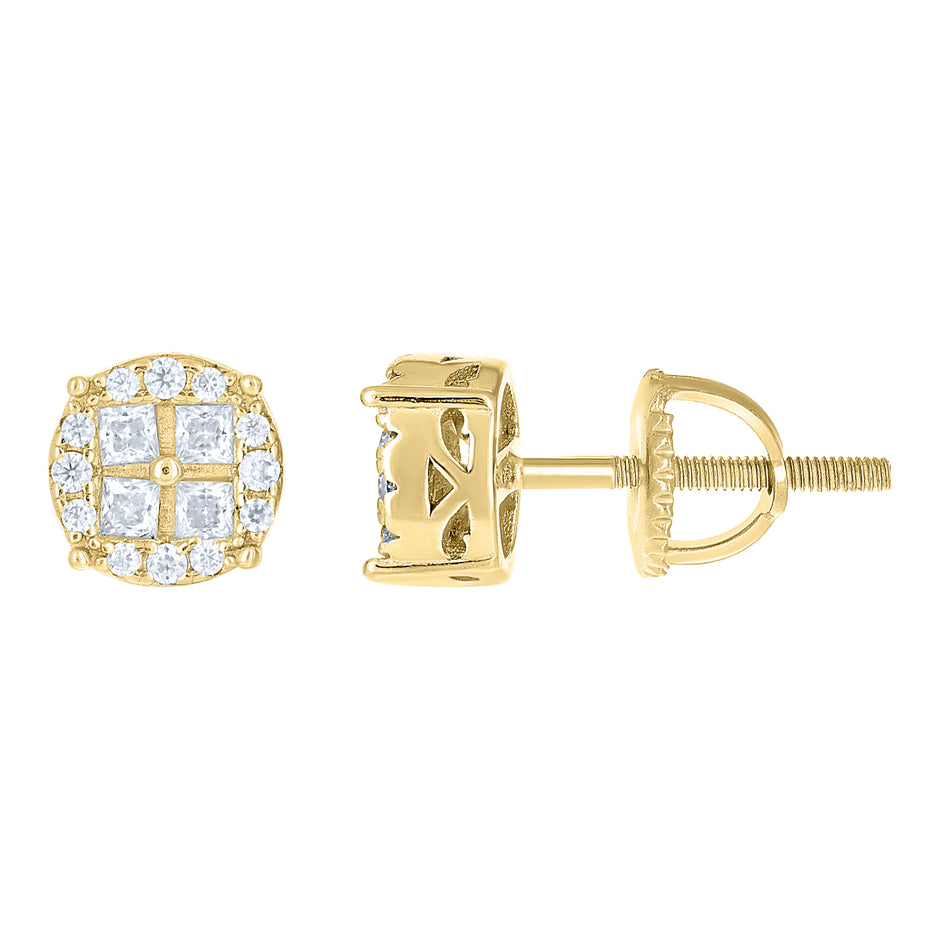 925 Sterling Silver Yellow-tone Unisex Round Princess-cut Cubic-Zirconia Round Fashion Stud Earrings