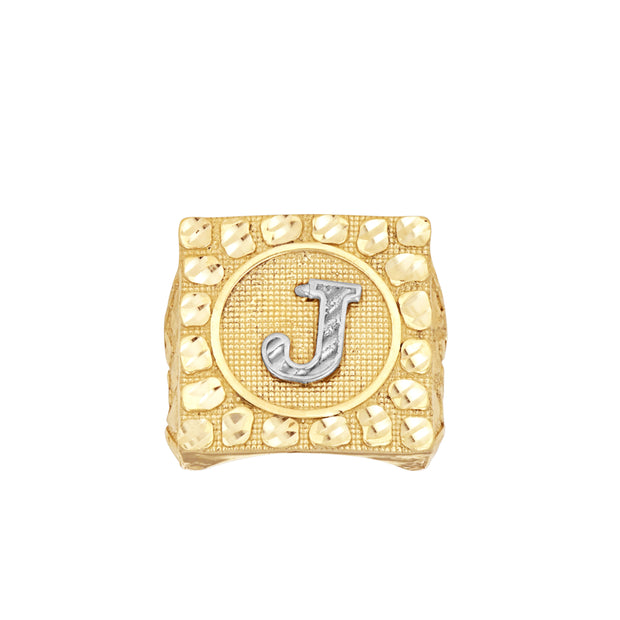 10kt Two-Tone Gold Unisex Initial Alphabet J Nugget Ring