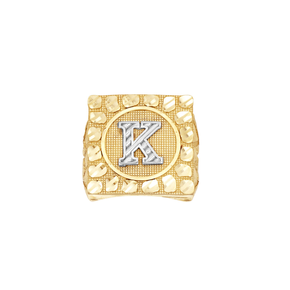10kt Two-Tone Gold Unisex Initial Alphabet K Nugget Ring
