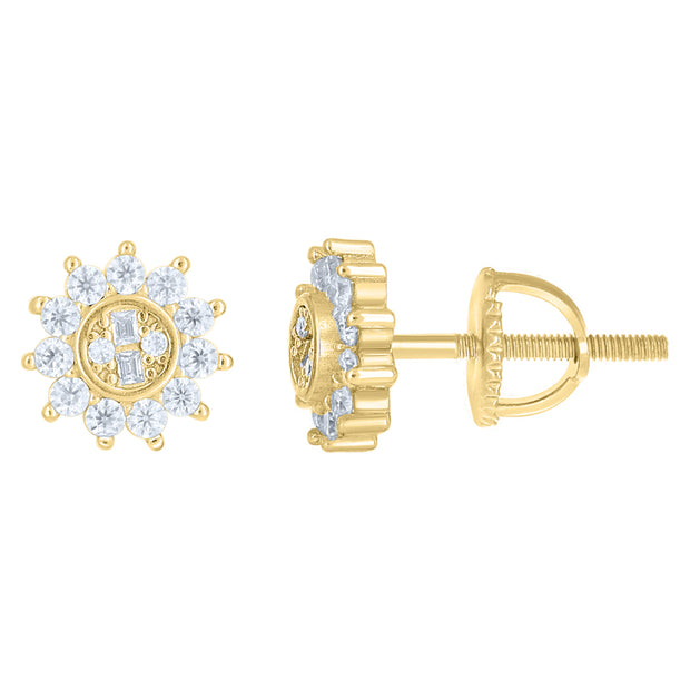 925 Sterling Silver Yellow-Tone Womens Round Baguette 0.36ct, 0.05ct Moissanite Sunburst Fashion Stud Earrings