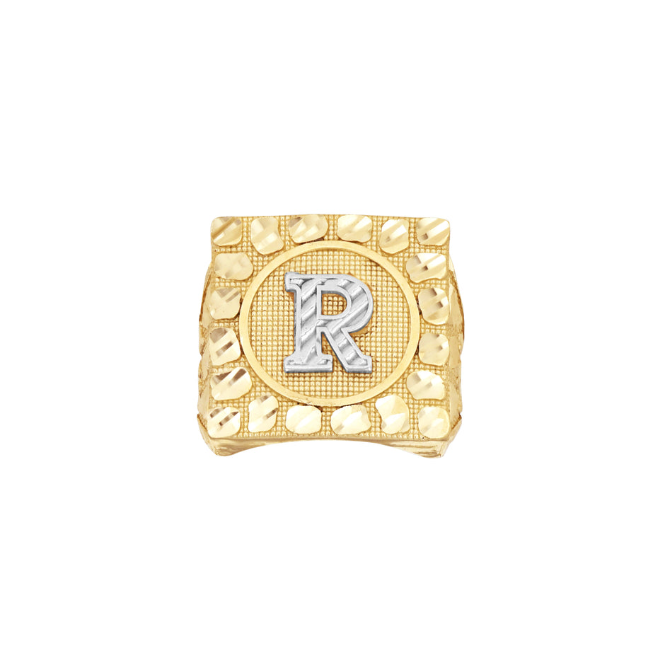 10kt Two-Tone Gold Unisex Initial Alphabet R Nugget Ring