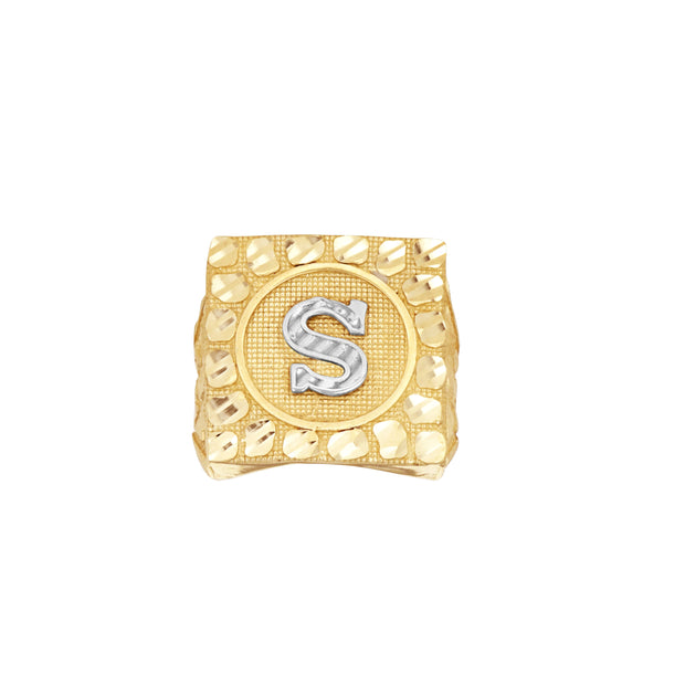 10kt Two-Tone Gold Unisex Initial Alphabet S Nugget Ring