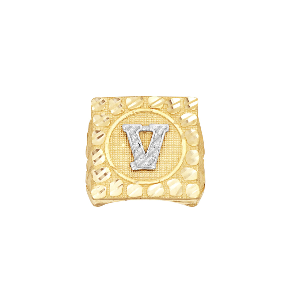 10kt Two-Tone Gold Unisex Initial Alphabet V Nugget Ring