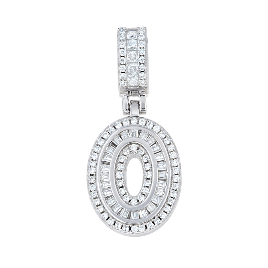 925 Sterling Silver Unisex Round Princess-cut/Baguette Cubic-Zirconia Initial Number 0 Pendant