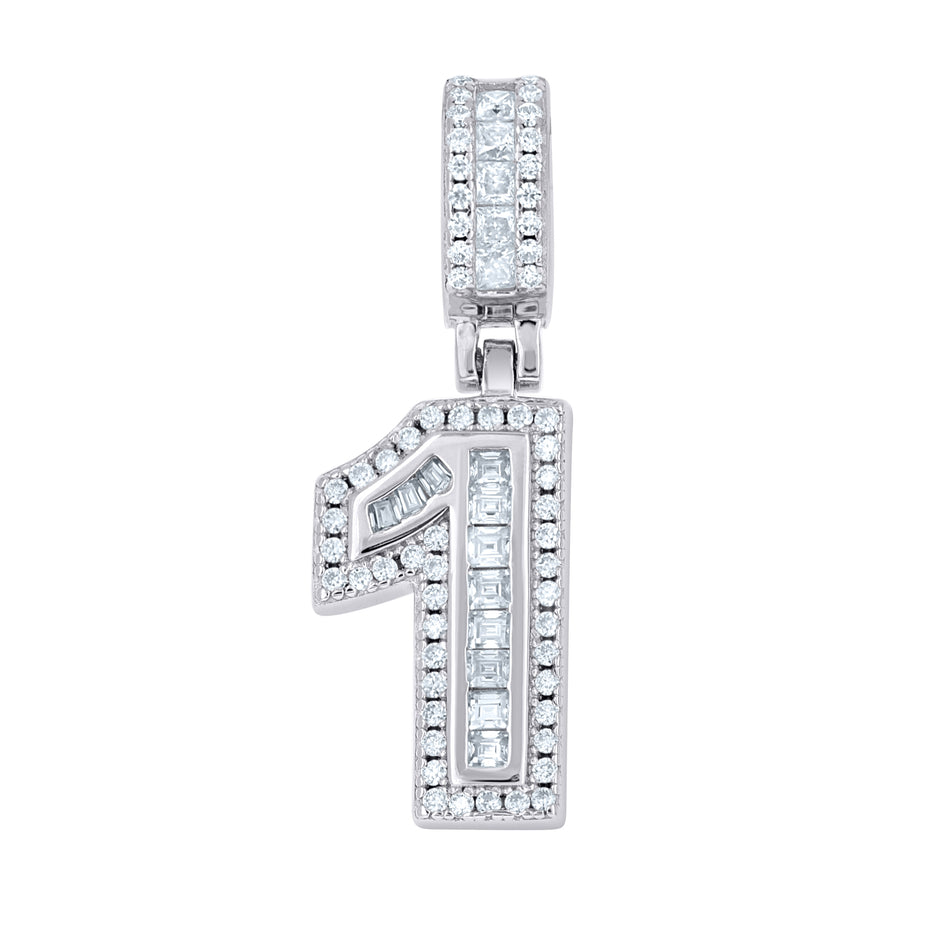 925 Sterling Silver Unisex Round Princess-cut/Baguette Cubic-Zirconia Initial Number 1 Pendant