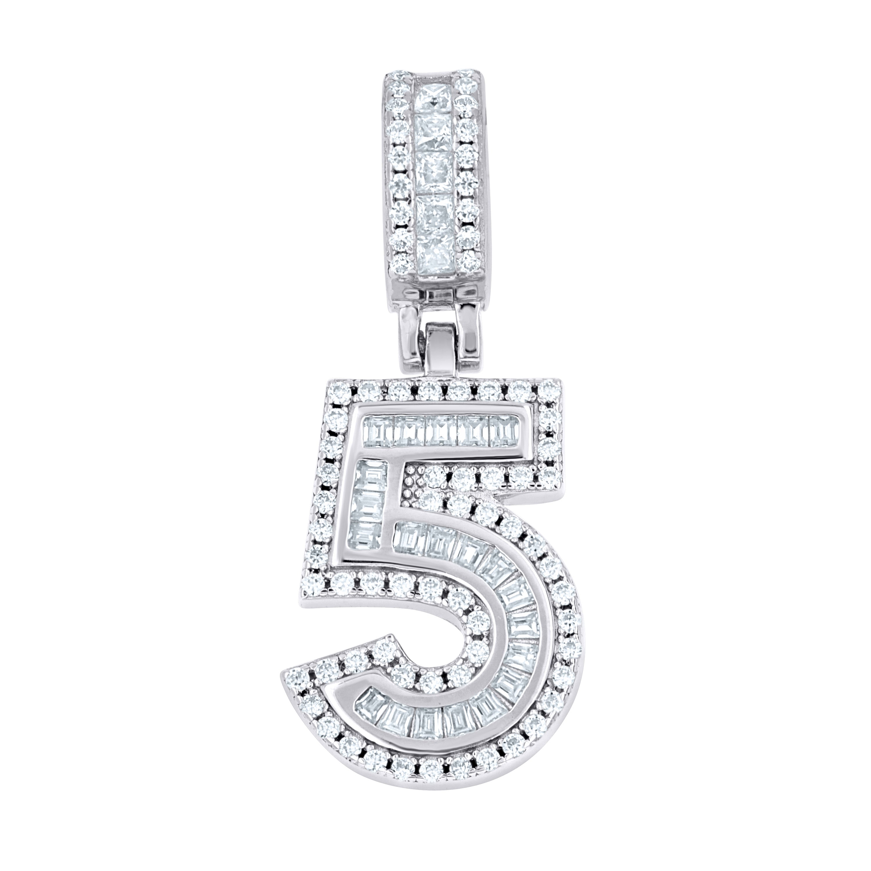 925 Sterling Silver Unisex Round Princess-cut/Baguette Cubic-Zirconia Initial Number 5 Pendant